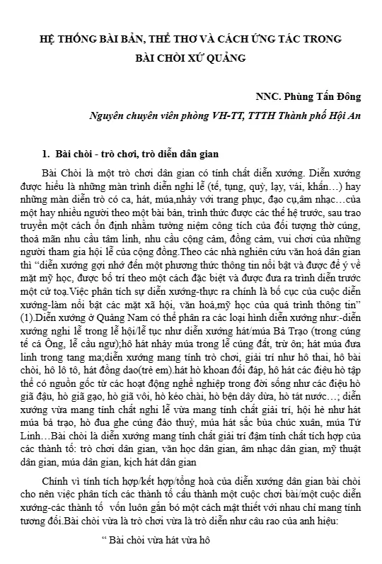 HỆ THỐNG BÀI BẢN, THỂ THƠ VÀ CÁCH ỨNG TÁC TRONG BÀI CHÒI XỨ QUẢNG