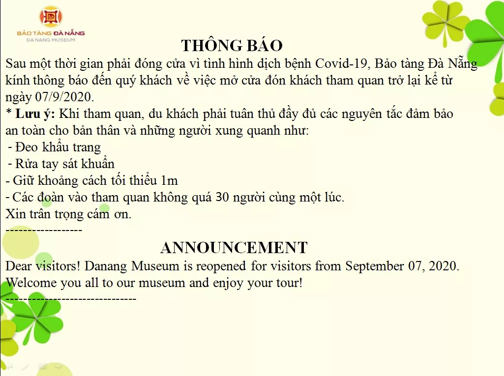 THÔNG BÁO VỀ VIỆC MỞ CỬA ĐÓN KHÁCH THAM QUAN TẠI BẢO TÀNG ĐÀ NẴNG