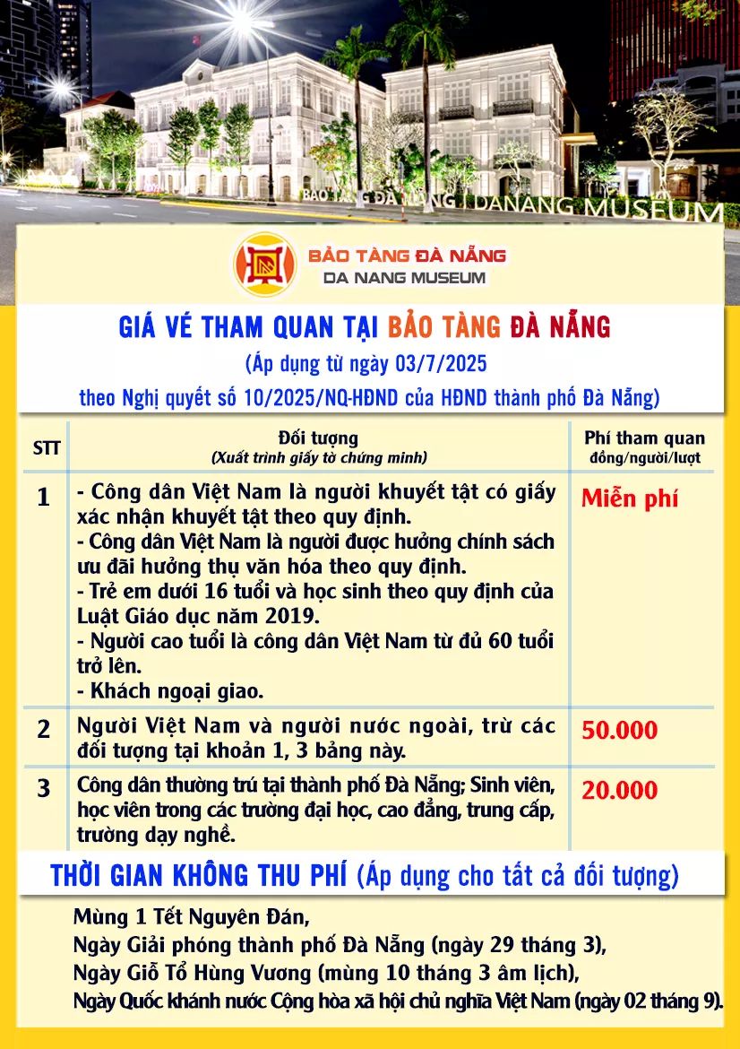 THÔNG BÁO GIÁ VÉ THAM QUAN BẢO TÀNG ĐÀ NẴNG ÁP DỤNG TỪ NGÀY 03/7/2025